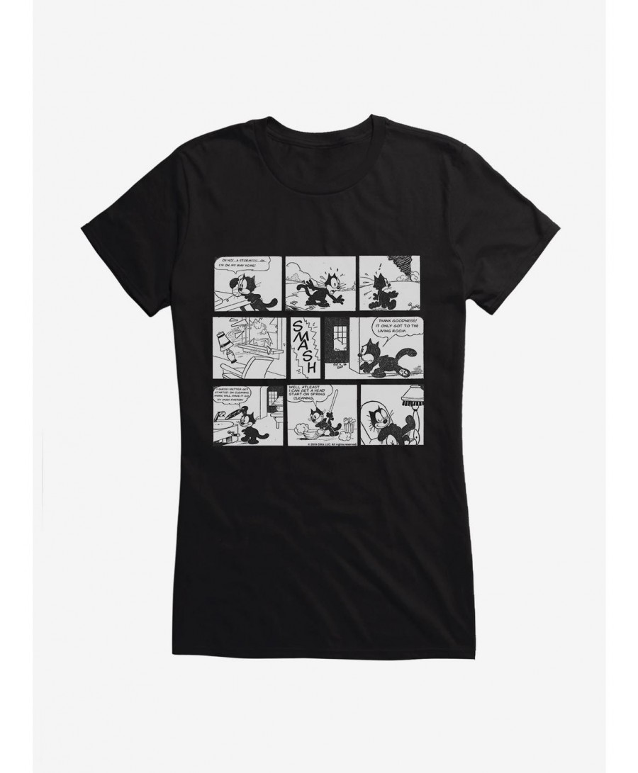 Discount Sale Felix The Cat Cleaning Up Comic Strip Girls T-Shirt $9.36 T-Shirts